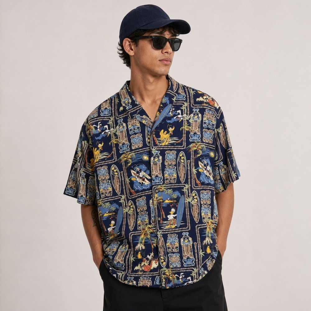 Disney Men's XXL Blue Rayon Mickey Donald Pluto Short Sleeve Hawaiian Shirt